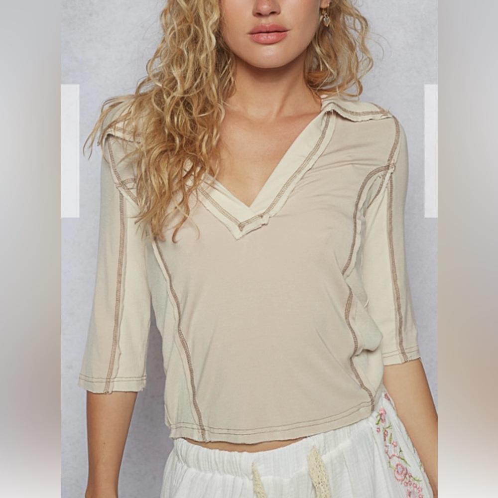 Pol Women's Beige V-Neck Top NEW Sz M